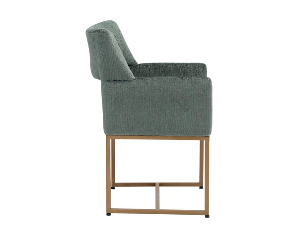 Sunpan Greco Dining Armchair - Scandinavian Design in Eye-Catching Fabric with Rustic Bronze Steel Base Aura Teal