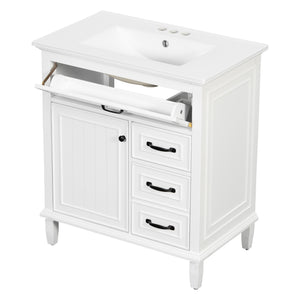 English Elm 30 Inch Freestanding Bathroom Vanity Solid Pine Cabinet Ceramic Sink Top Storage White N725P412782K