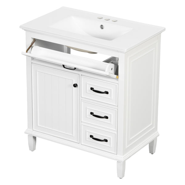 English Elm 30 Inch Freestanding Bathroom Vanity Solid Pine Cabinet Ceramic Sink Top Storage White N725P412782K