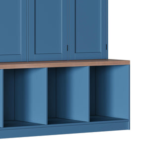 English Elm Farmhouse Hall Tree with Triple Arch Back Panel Eight Hooks Drawers and Entryway Bench Blue N721S000059C-1
