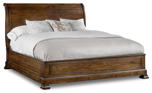 Hooker Furniture Archivist Queen Sleigh Bed With Low Footboard — Pecky Pecan Finish, Distressed Vintage Library Elegance 97.25 L x 84.25W x 56.25H 5447-90466B