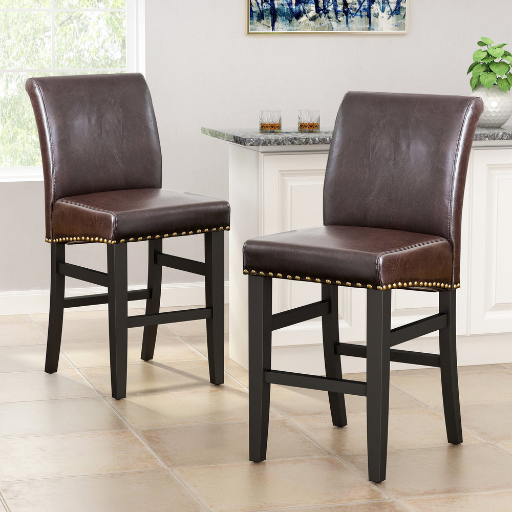 English Elm Christopher Knight Home® - 25.5'' Upholstered Counter Stool Set of 2 in Brown Leather with Solid Wood Frame, Nailhead Trim, Cushioned Comfort 74506.00