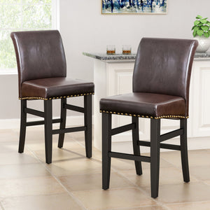 English Elm Christopher Knight Home® - 25.5'' Upholstered Counter Stool Set of 2 in Brown Leather with Solid Wood Frame, Nailhead Trim, Cushioned Comfort 74506.00