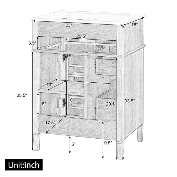 English Elm 24" Solid Pine Bathroom Vanity Cabinet with Ceramic Sink Soft Close Drawers N725P375500N