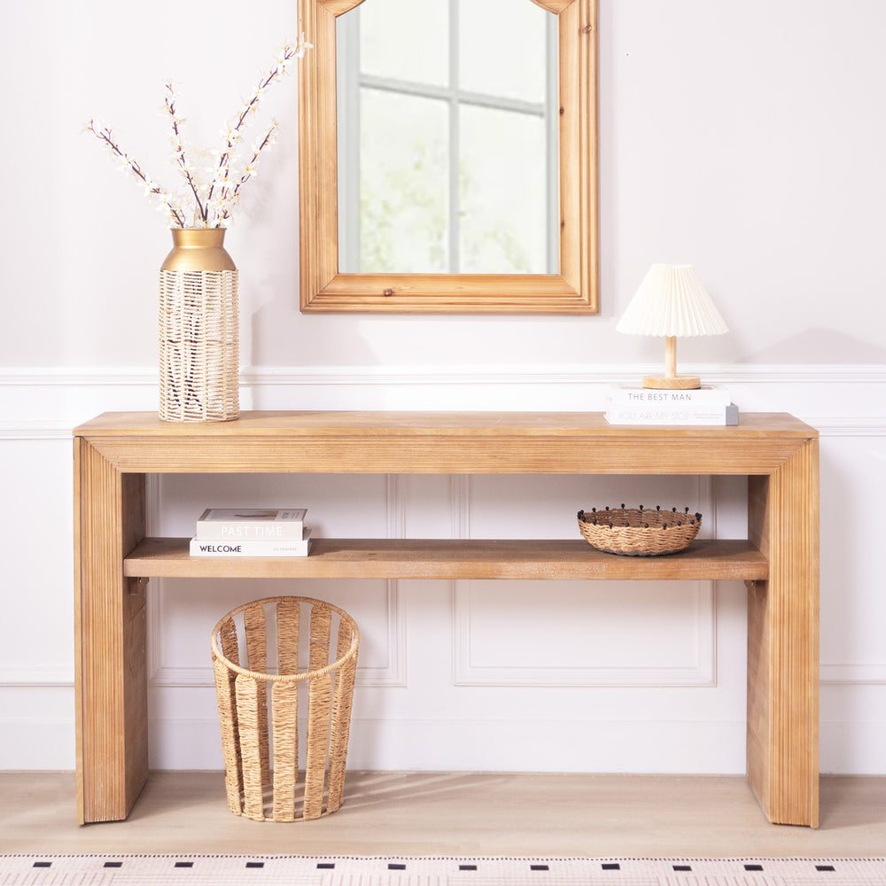 English Elm Rustic Farmhouse Console Table with Open Shelf Natural Wood Grain Entryway Accent W2729P270743