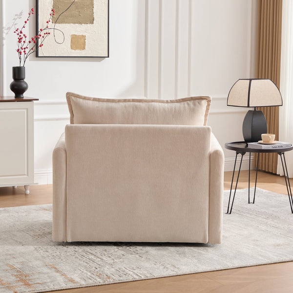 English Elm UNITED Swivel Barrel Chair with Chenille Upholstery, 360° Smooth Rotation, Padded Arm Comfort and Side Pockets for Living Room Relaxation Beige W1568P290083