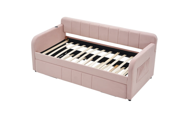 English Elm Twin Upholstered Daybed with Trundle Sofa Bed for Guest Room, Pine Wood Frame, Velvet Upholstery, Sturdy Slat Support and Full-Length Comfort Pink W1361S00023