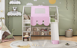 English Elm Full Size Kids House Loft Bed Pinewood Frame with Tent Slide and Play Storage White LT000683AAK
