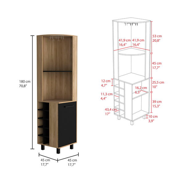 English Elm Kaia 70" Tall Corner Bar Cabinet with 10 Wine Cubbies, Stemware Rack & 4 Shelves in Black Pine B070S00254