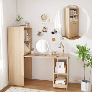 English Elm Stretchable expandable office desk with magnetic fold, lockable casters, adjustable shelves for storage and space-saving Natural Wood W509P355681