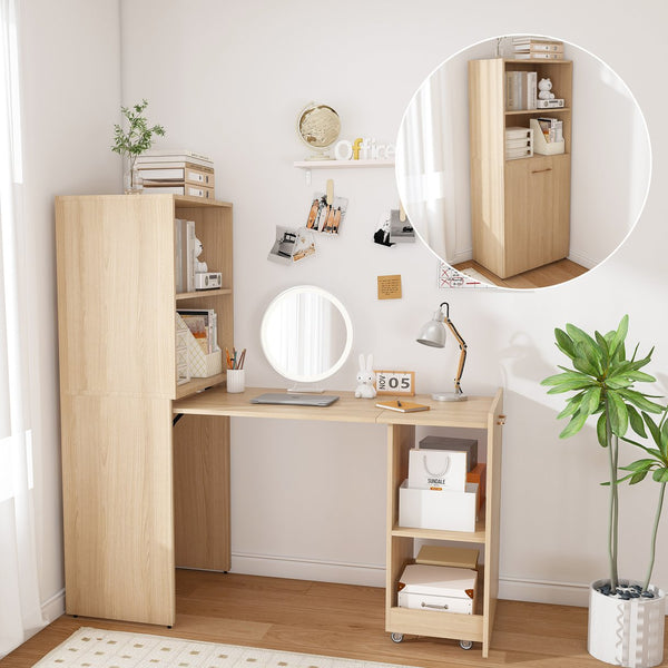 English Elm Stretchable expandable office desk with magnetic fold, lockable casters, adjustable shelves for storage and space-saving Natural Wood W509P355681