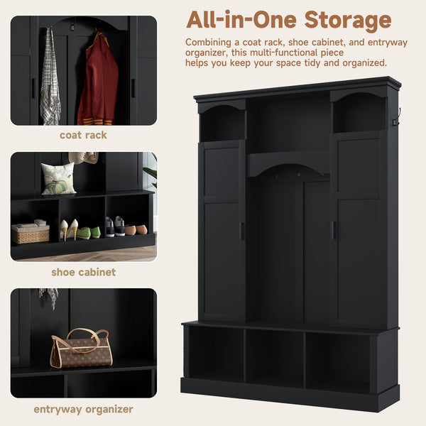 English Elm On-trend Farmhouse Hall Tree with Dual Cabinets Seven Hooks and Arched Entryway Storage Black N721S000078B