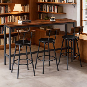 English Elm Bar Table Set with 3 Pu Leather Stools Industrial Steel Frame Rustic Dining Nook W3204P428249