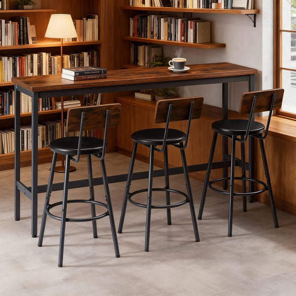 English Elm Bar Table Set with 3 Pu Leather Stools Industrial Steel Frame Rustic Dining Nook W3204P428249