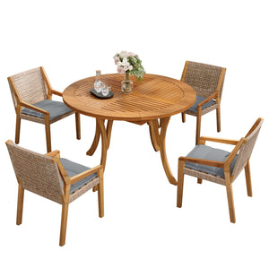 English Elm Modern Acacia Wood Round Patio Dining Set with Wicker Armchairs and Uv Resistant Cushions N770PS597R916