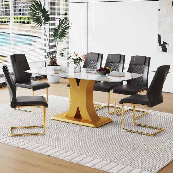 English Elm Table And Chair Set - Luxurious 71" Pandora Glass Dining Table With Golden C-Shaped Legs & 6 Pu Chairs W1151S03225-GIGA