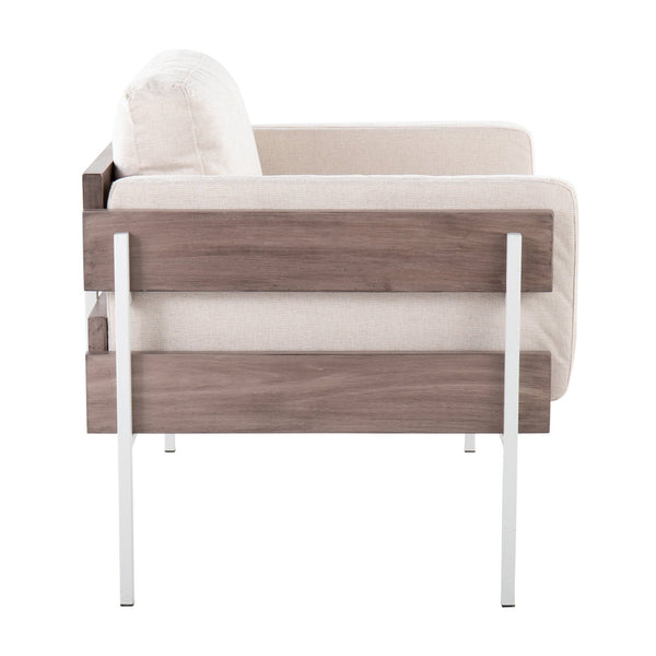 English Elm Accent Chair Farmhouse Style with Cream Upholstery Grey Wood and White Metal Base B202S02194