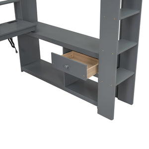 English Elm Wood Full Size Loft Bed with Built-in Desk Led Lighting and Charging Station SM000374AAE-1