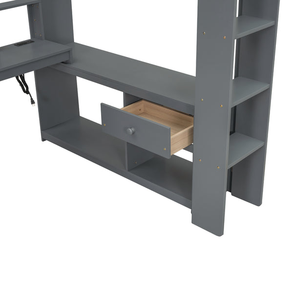 English Elm Wood Full Size Loft Bed with Built-in Desk Led Lighting and Charging Station SM000374AAE-1
