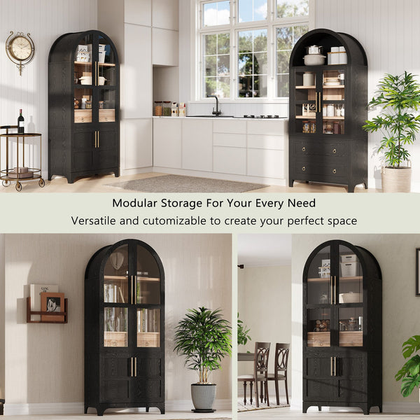 English Elm K&K Arched 71" Kitchen Pantry Cabinet with Glass Doors, Brass Handles, Adjustable Shelves & Drawer Black N707P288969B