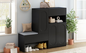 English Elm On-Trend Modern 2-In-1 Shoe Cabinet With Cushion, Adjustable Shelves & Elegant Arched Doors For Entryway N721P245716B-GIGA