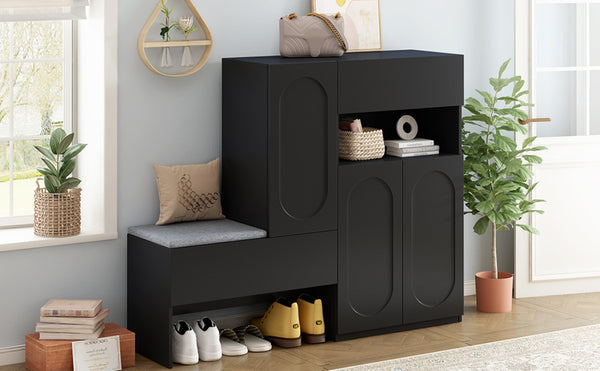 English Elm On-Trend Modern 2-In-1 Shoe Cabinet With Cushion, Adjustable Shelves & Elegant Arched Doors For Entryway N721P245716B-GIGA