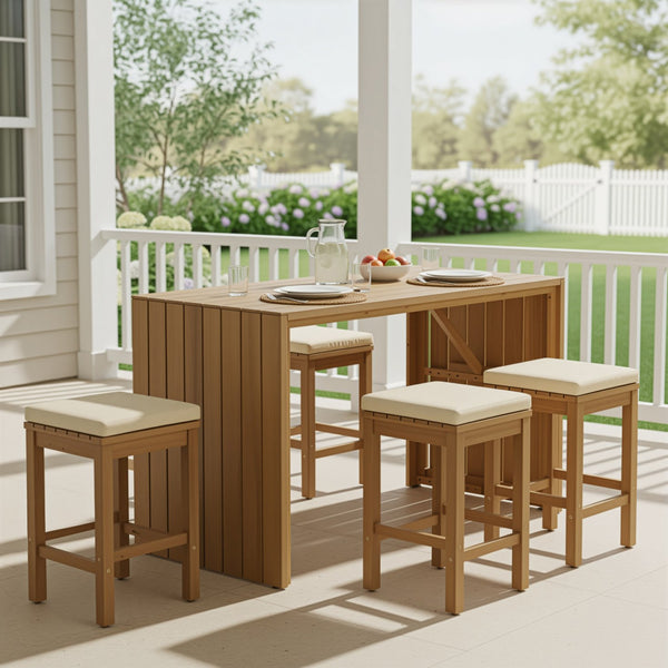 English Elm 5 Piece Outdoor Bar Set Acacia Wood Table & 4 Cushioned Stools, Removable Beige Cushions, Durable N704G201252A