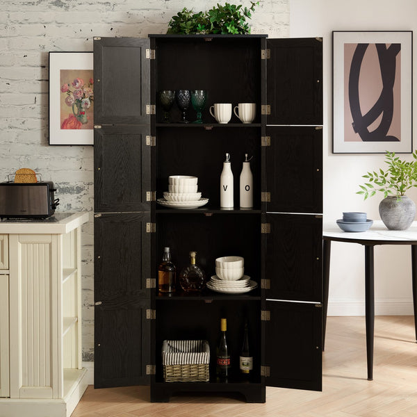 English Elm 72.4" Tall Storage Cabinet with 8 Doors and 4 Shelves, Oak Finish Large Freestanding Organizer for Home Black W2275P292651
