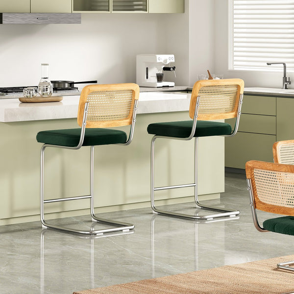 English Elm Farini Velvet Counter Height Bar Stools Set of 2 with Rattan Back, Cantilever Comfort & Floor Protectors Dark Green T3623P354964