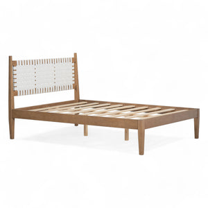 English Elm Christopher Knight Home® - Queen Upholstered Leather Headboard Bed Frame with Solid Wood Slats, Mid-Century Modern Support, No Box Spring Needed White+Natural N758D928283N