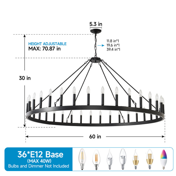 English Elm 59.06 Inch Matte Black Wagon Wheel Chandelier 54 Light Farmhouse Grand Entryway W5008P388933