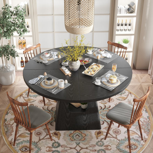 English Elm Round Farmhouse Dining Table 47 Inch Wooden Top with Lower Storage Shelf Seats Six Black W757P367147