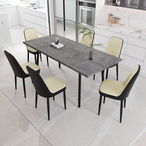 English Elm 55.12-70.87" Expandable Dining Set 7 Piece Industrial Mdf Table with Pu Upholstered Chairs Beige+Grey,Black W2189S00911