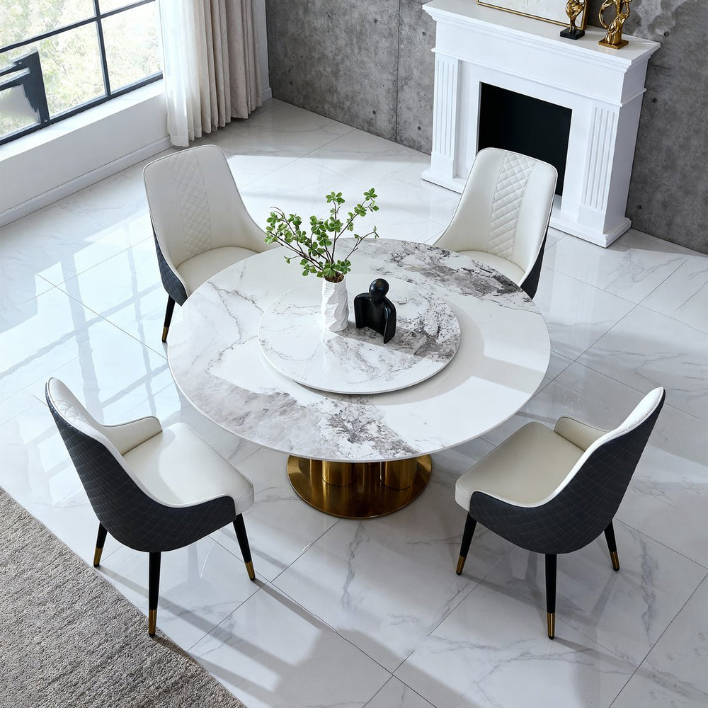 English Elm 59" Round Sintered Stone Dining Table with Lazy Susan Minimalist Base Seats 8 W2699S00097
