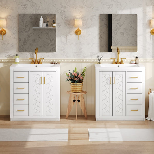 English Elm 60'' Modern Bathroom Vanity Set With Ceramic Sink, Solid Wood Frame, Soft-Close Drawers & Doors N710SS00001K
