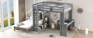 English Elm Queen Solid Wood Bunk Bed With Dismountable Twin, Desk, Shelves & Wardrobe - Modern Grey Design W1580S00215-GIGA