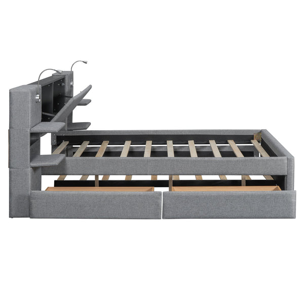 English Elm Queen Linen Upholstered Platform Bed with Storage Drawers, Trundle, Flip-Up Headboard & Lights Gray SF000187AAE