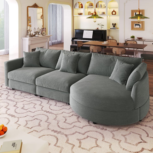 English Elm U_style Chenille Sectional Sofa with Curved Chaise Pine Frame and Three Accent Pillows Grey WY000461AAE