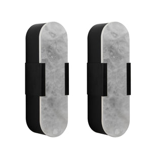 English Elm 13.8" Natural Marble Wall Sconce Set of 2 Matte Iron LED Vanity Lights Warm to Cool Dimmable Ambience Black W2312P394332