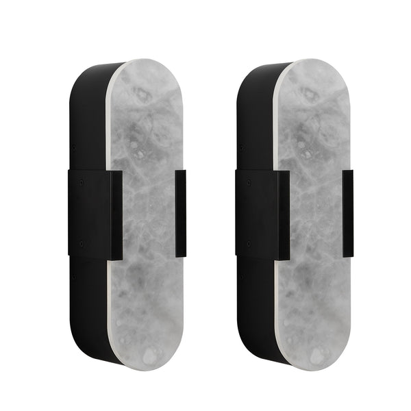 English Elm 13.8" Natural Marble Wall Sconce Set of 2 Matte Iron LED Vanity Lights Warm to Cool Dimmable Ambience Black W2312P394332