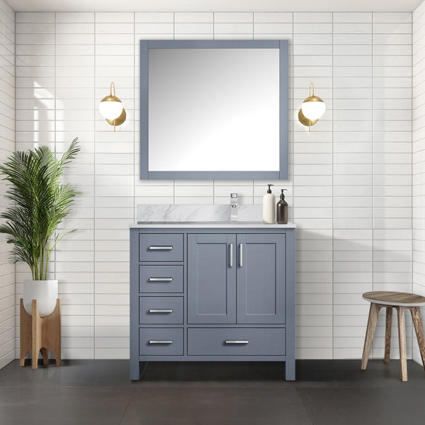 English Elm Dark Grey 36 in Bath Vanity with Right-Offset Carrara Marble Top, Chrome Faucet, Soft-Close Drawers B2731P259030