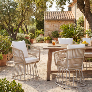 English Elm Outdoor Wicker Dining Chair with Fan Back Teak Finish Steel Frame and Cushion Included N770P385227B