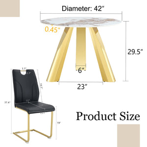 English Elm Table 5-Piece Dining Set: 42-Inch White Imitation Marble Round Top With 4 Chic Black Chairs & Gold Legs W2920S00051-GIGA