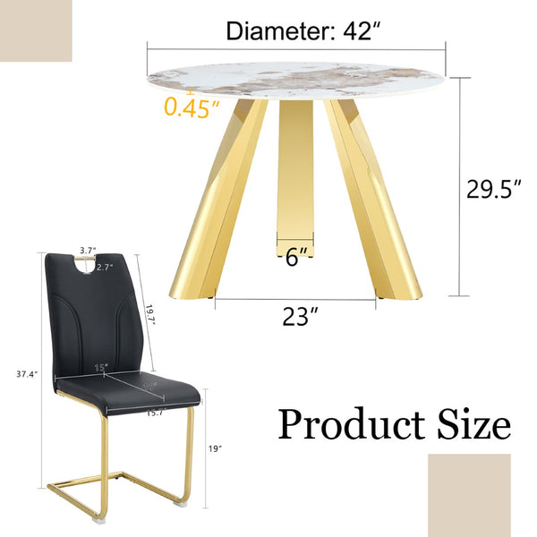 English Elm Table 5-Piece Dining Set: 42-Inch White Imitation Marble Round Top With 4 Chic Black Chairs & Gold Legs W2920S00051-GIGA