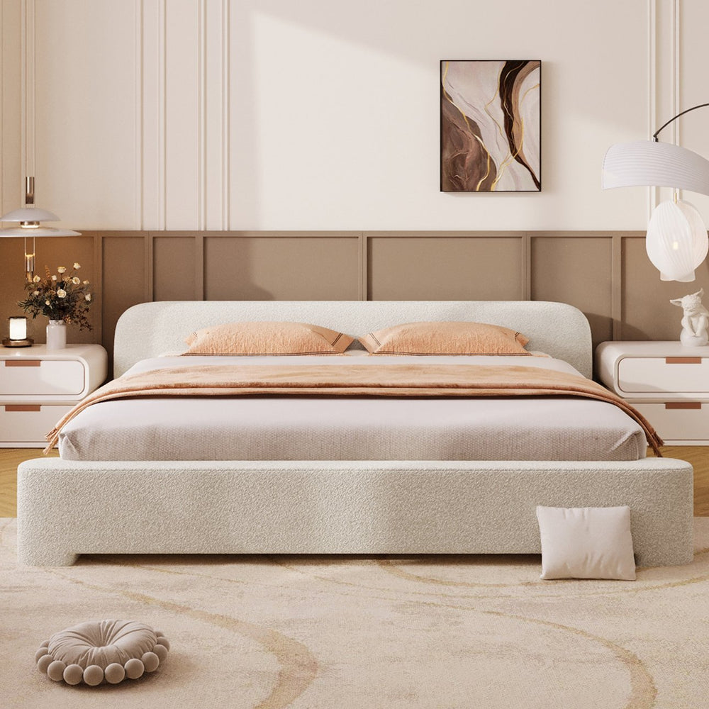 English Elm [cozy White Boucle Platform Bed Low Profile Frame for Modern Bedroom Decor N769P365687A