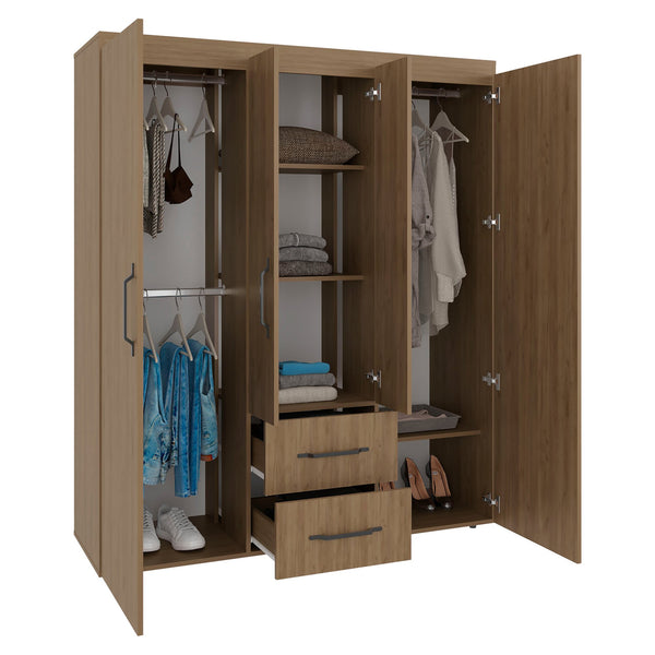 English Elm Stained Walnut Four Door Wardrobe with Rods Shelves and Drawers for Bedroom B062S01863