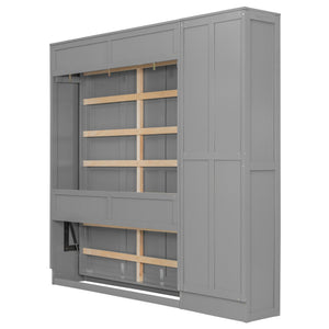 English Elm Queen Murphy Wall Bed with Side Shelving Folds Flush Into Mdf Cabinet for Studio Rooms Gray LP000697AAE-2