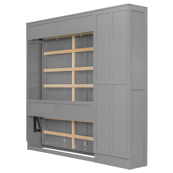 English Elm Queen Murphy Wall Bed with Side Shelving Folds Flush Into Mdf Cabinet for Studio Rooms Gray LP000697AAE-2