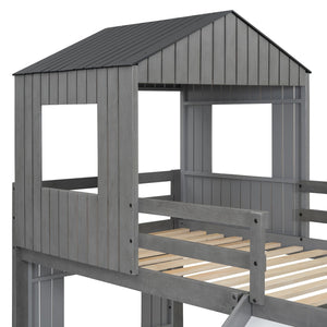 English Elm Wooden Twin Over Full Bunk Bed Farmhouse Playhouse Slide Pinewood Kids Loft LT000328AAE