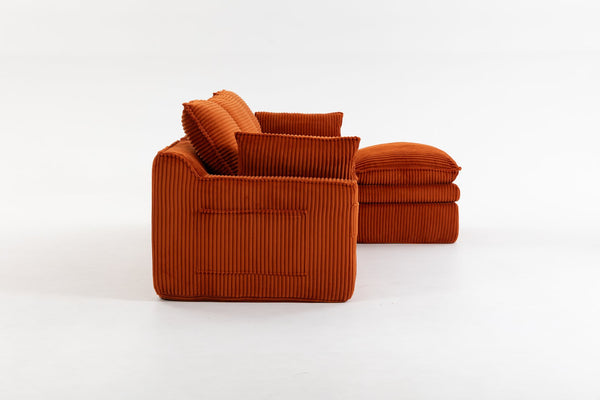 English Elm L Shaped Corduroy Modular Sectional with Cloud Cushions Footstool and Lumbar Pillows Orange W395S00137